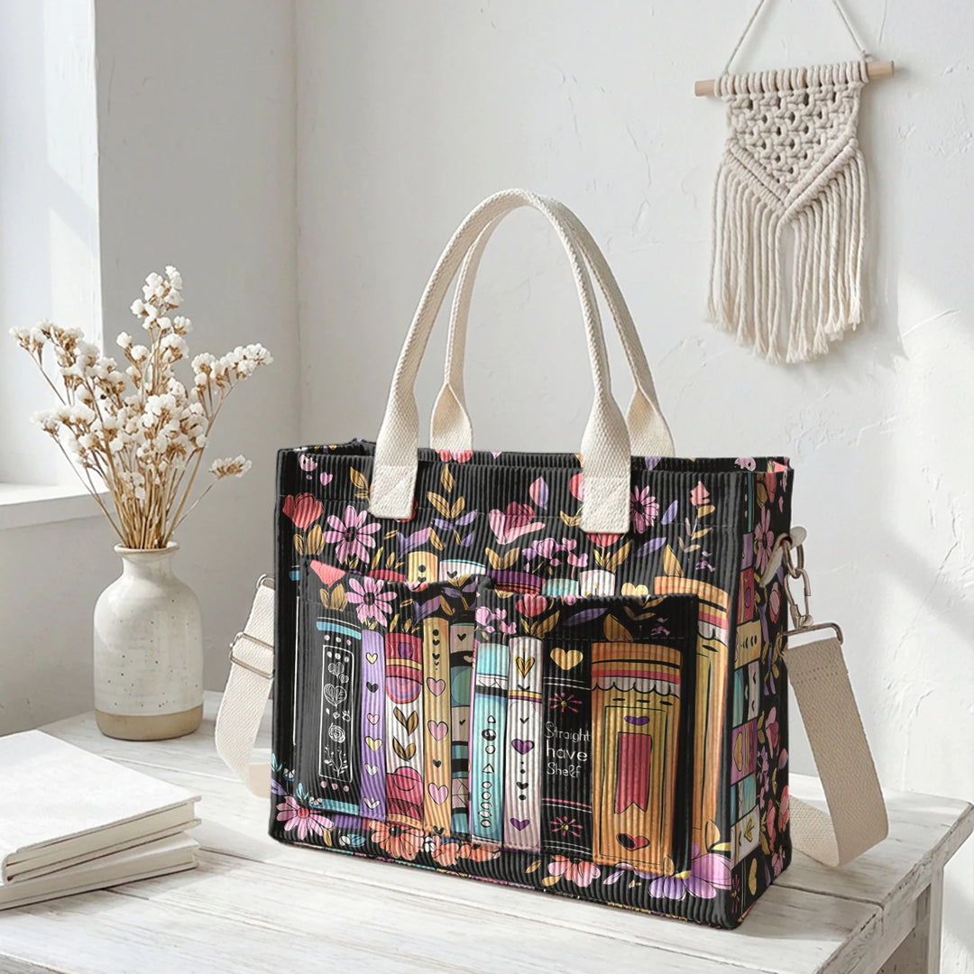 Sac à bandoulière en velours côtelé avec impression de livres et de fleurs, grande capacité, sac à main avec plusieurs poches
