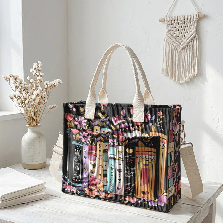 Sac à bandoulière en velours côtelé avec impression de livres et de fleurs, grande capacité, sac à main avec plusieurs poches