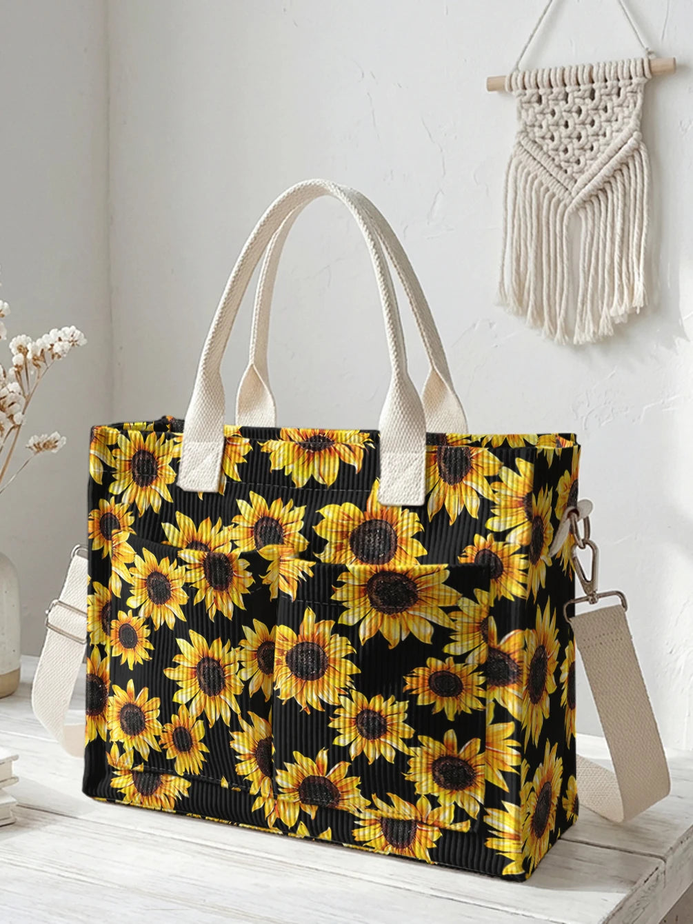 Sac à bandoulière en velours côtelé noir imprimé de tournesol Grande capacité Sac de transport pour navette avec plusieurs poches