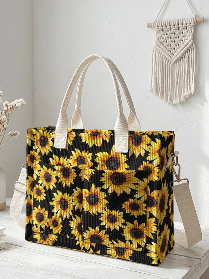 Sac à bandoulière en velours côtelé noir imprimé de tournesol Grande capacité Sac de transport pour navette avec plusieurs poches