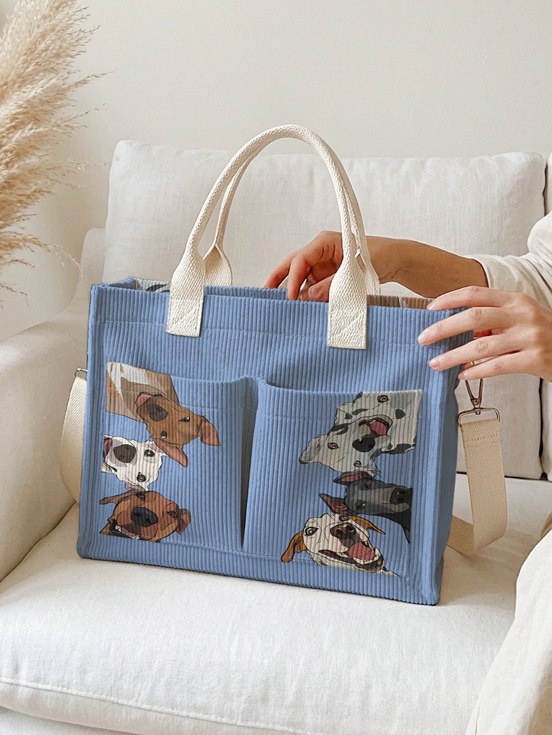 Sac à dos en velours côtelé avec imprimé de races de chiens mixtes, grande capacité, plusieurs poches, sac à bandoulière pour les amoureux des chiens