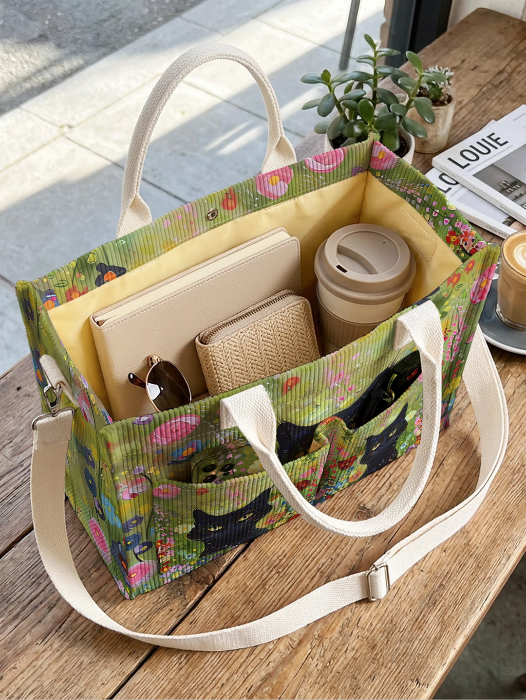 Sac à main en velours côtelé avec impression de chats noirs, jardin de fleurs colorées, grande capacité, sac à bandoulière multi-poches pour les amoureux des chats