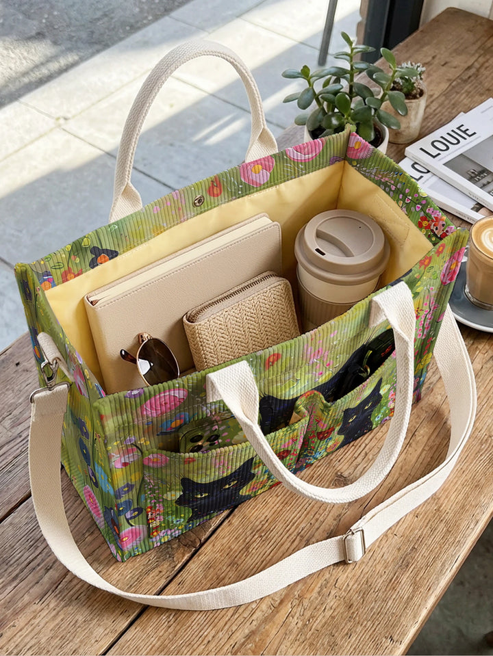 Sac à main en velours côtelé avec impression de chats noirs, jardin de fleurs colorées, grande capacité, sac à bandoulière multi-poches pour les amoureux des chats