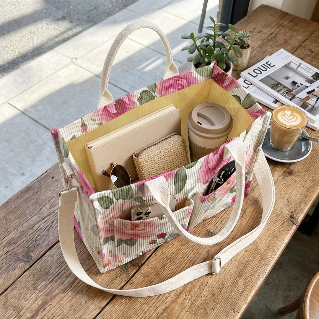 Sac fourre-tout en velours côtelé imprimé fleurs Pioenroos Grande capacité Multi Poche Bandoulière amovible