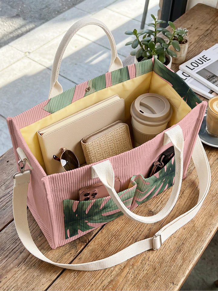 Sac à bandoulière en velours côtelé avec impression de feuille de Monstera tropicale Grande capacité sac à main avec plusieurs poches