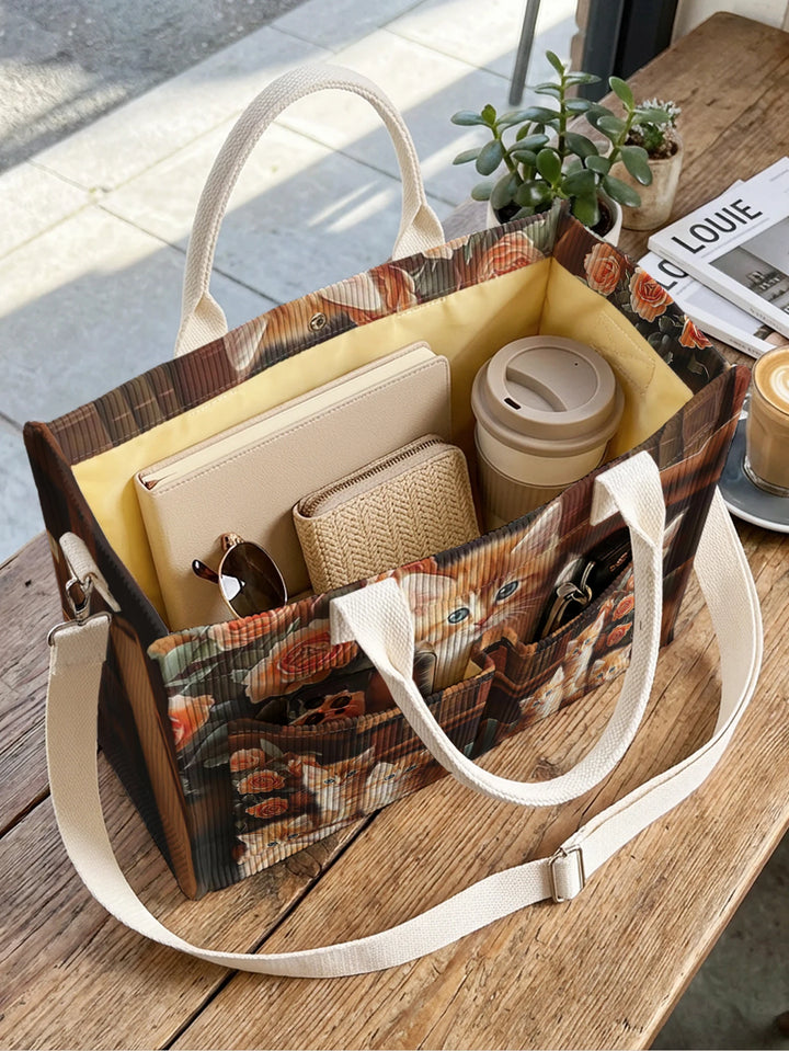 Sac à bandoulière en velours côtelé à imprimé rose et chat tabby orange 3D, grande capacité, multi-poches, pour les amoureux des chats