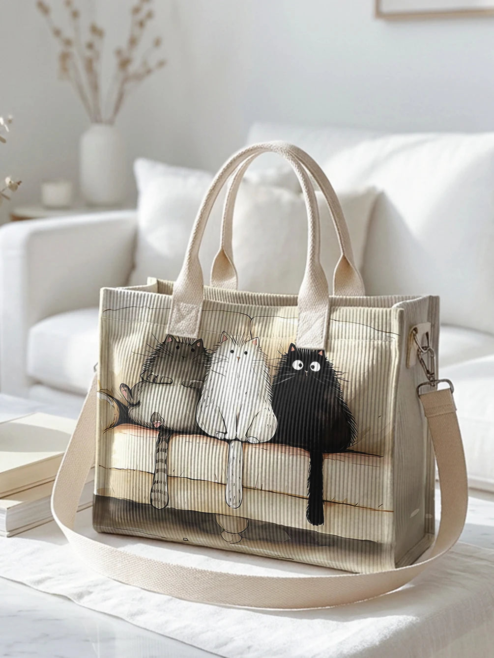 Sac à main en velours côtelé beige avec imprimé de chats, grande capacité et plusieurs poches pour les trajets domicile-travail