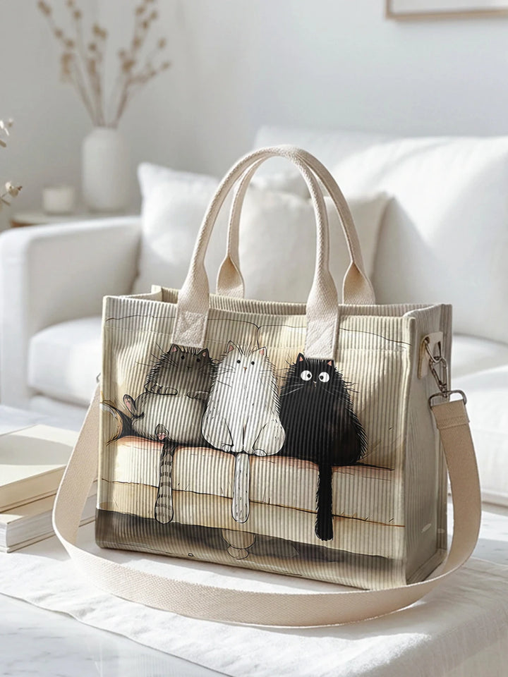 Sac à main en velours côtelé beige avec imprimé de chats, grande capacité et plusieurs poches pour les trajets domicile-travail