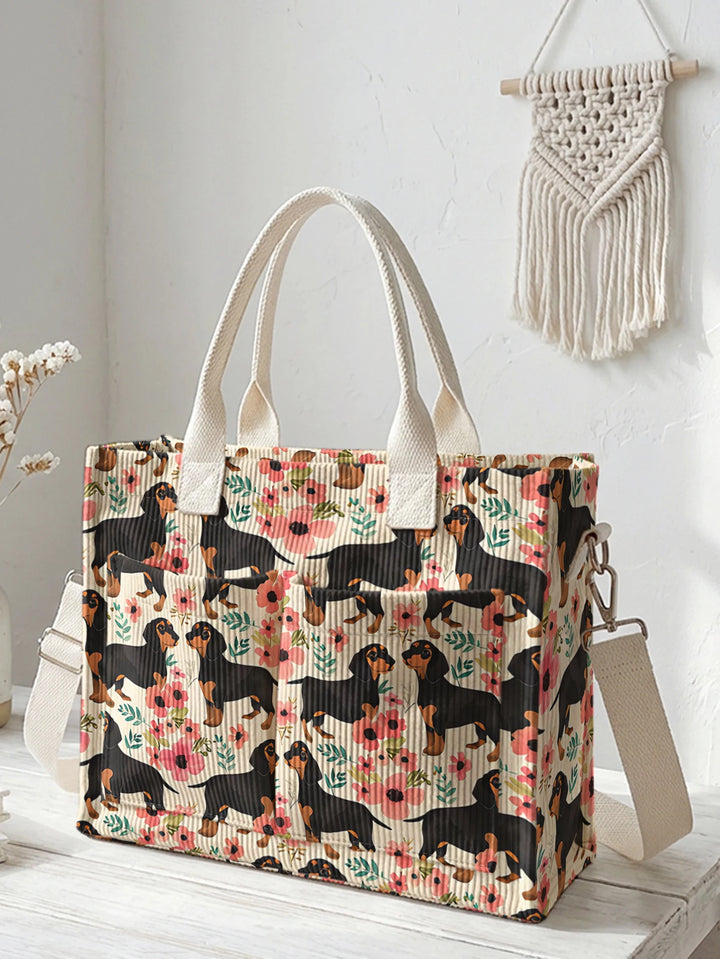 Sac fourre-tout en velours côtelé avec impression de teckel et floral Grande capacité Multi Poche Amoureux des chiens Sac à bandoulière pour le trajet