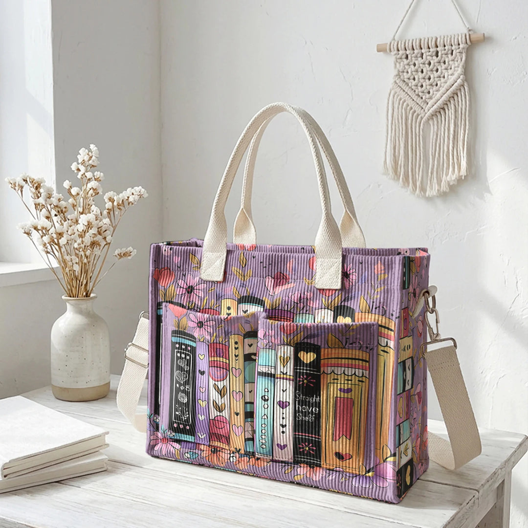 Sac à bandoulière en velours côtelé avec impression de livres et de fleurs, grande capacité, sac à main avec plusieurs poches