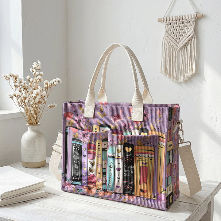 Sac à bandoulière en velours côtelé avec impression de livres et de fleurs, grande capacité, sac à main avec plusieurs poches