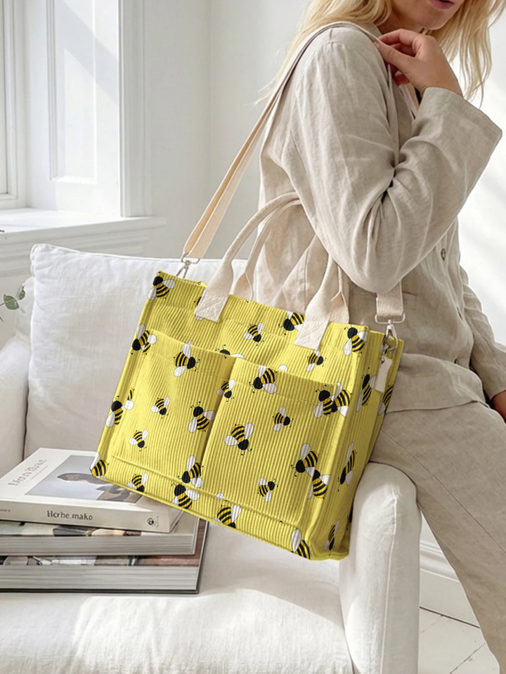 Sac en velours côtelé avec impression de bourdon, grande capacité, plusieurs poches, sac à bandoulière pour les amoureux des abeilles