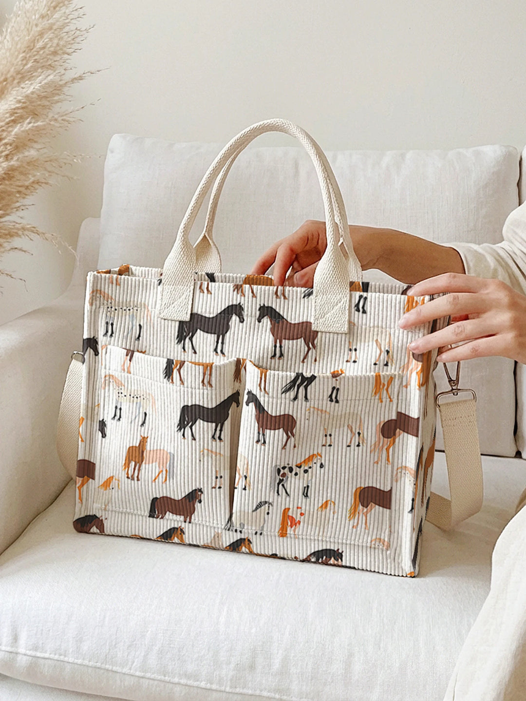 Sac en velours côtelé avec imprimé de chevaux, grande capacité, plusieurs poches, sac à bandoulière pour cavaliers et navetteurs