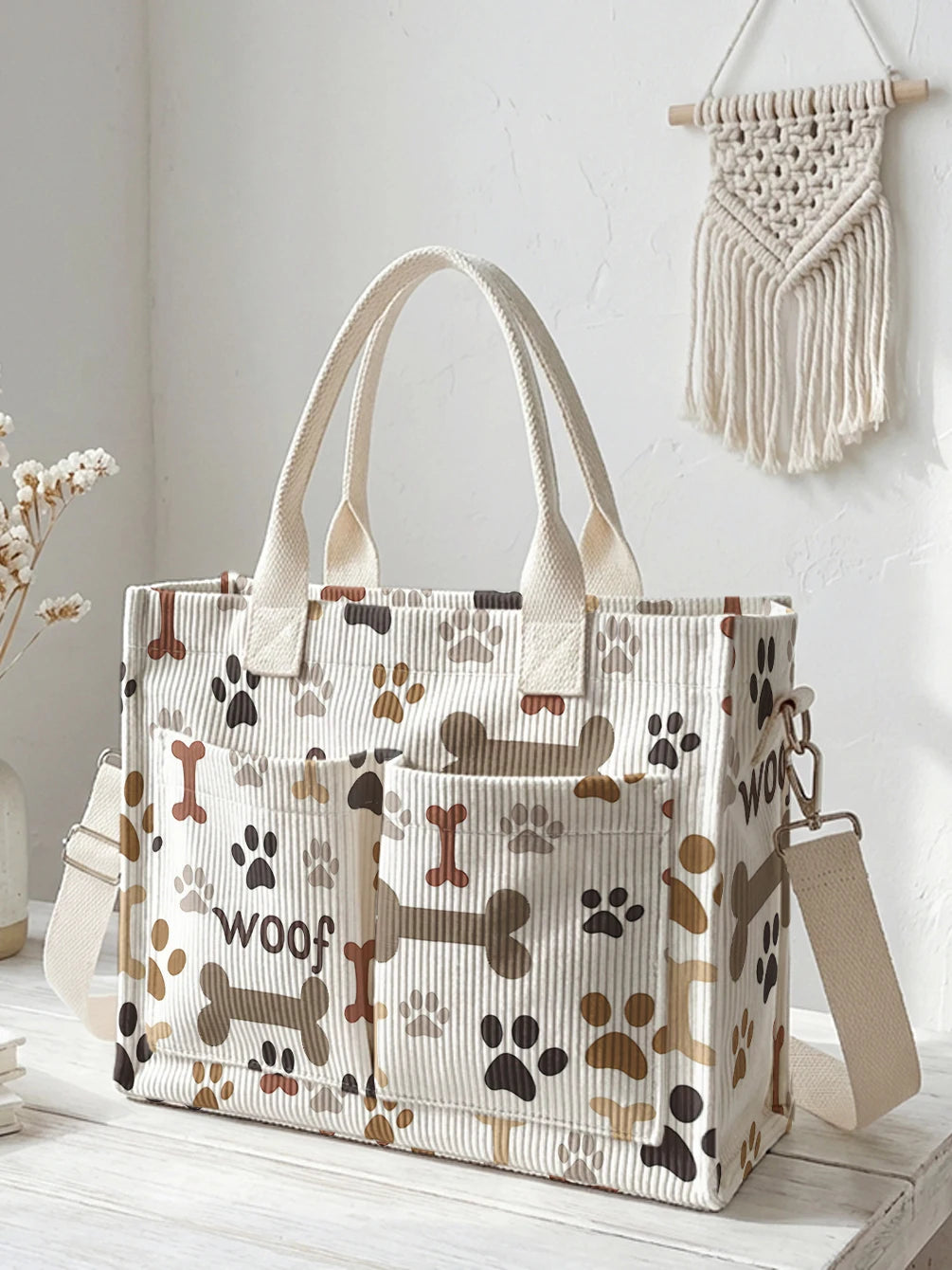 Sac en velours côtelé beige avec imprimé pattes de chien et os, grande capacité, plusieurs poches, sac à bandoulière pour le travail