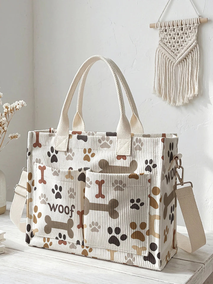 Sac en velours côtelé beige avec imprimé pattes de chien et os, grande capacité, plusieurs poches, sac à bandoulière pour le travail