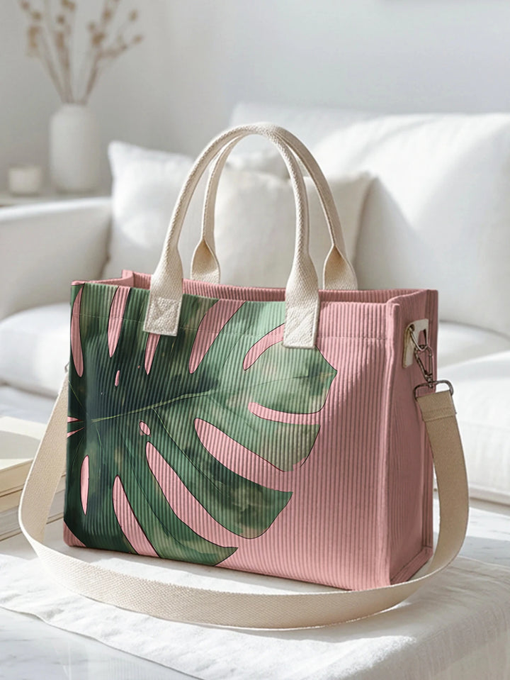 Sac à bandoulière en velours côtelé avec impression de feuille de Monstera tropicale Grande capacité sac à main avec plusieurs poches