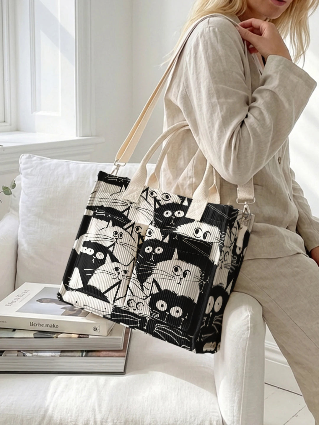 Sac à bandoulière en velours côtelé avec impression de chats en cartoon noir et blanc, grande capacité et plusieurs poches pour les amoureux des chats, sac pour le travail
