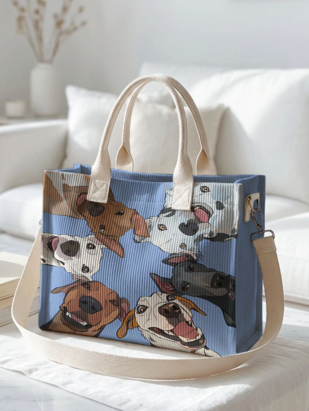 Sac à dos en velours côtelé avec imprimé de races de chiens mixtes, grande capacité, plusieurs poches, sac à bandoulière pour les amoureux des chiens