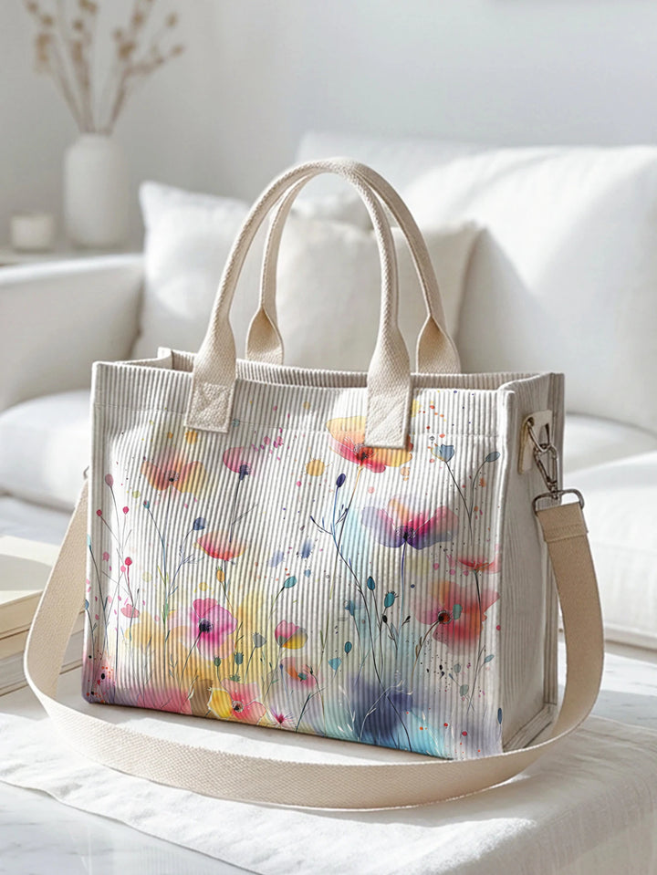 Sac à bandoulière en velours côtelé imprimé de fleurs sauvages en dégradé aquarelle grande capacité multi-poches amoureux de la nature