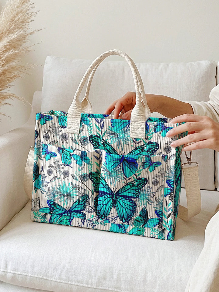 Sac à dos en velours côtelé avec imprimé papillon et fleurs, de couleur vive, grande capacité et plusieurs poches, sac à bandoulière pour les amoureux de la nature