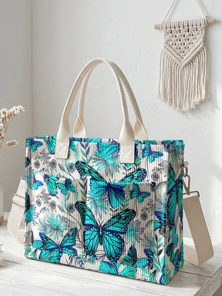 Sac à dos en velours côtelé avec imprimé papillon et fleurs, de couleur vive, grande capacité et plusieurs poches, sac à bandoulière pour les amoureux de la nature