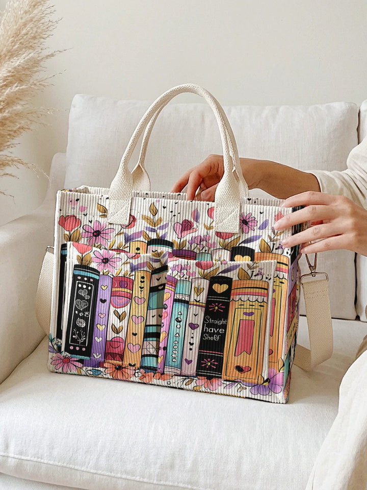 Sac à bandoulière en velours côtelé avec impression de livres et de fleurs, grande capacité, sac à main avec plusieurs poches