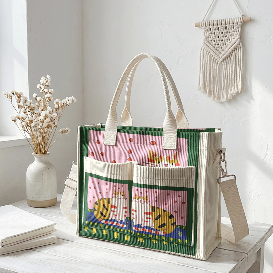 Sac fourre-tout en velours côtelé avec impression d'art populaire vintage - Grande capacité - Sac à plusieurs poches pour amoureux des chats - Sac à bandoulière pour le trajet