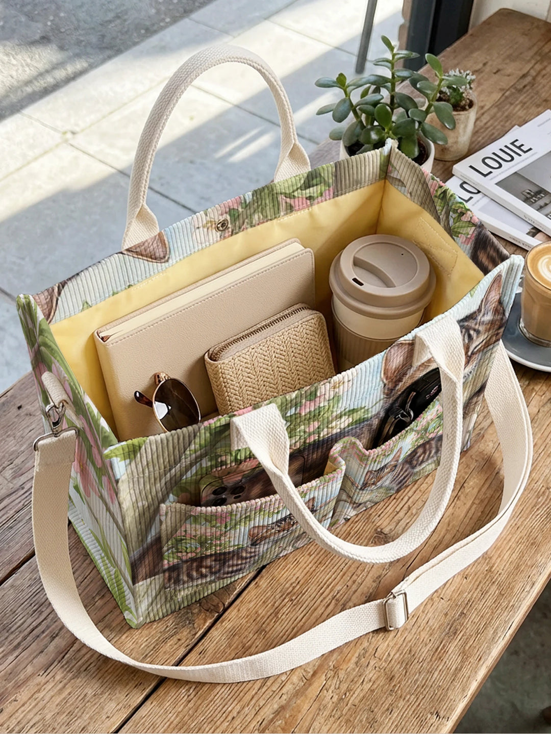 Sac fourre-tout en velours côtelé avec imprimé chat tigré et floral Grande capacité Sac à plusieurs poches pour les amateurs de chats Sac à bandoulière de commutation