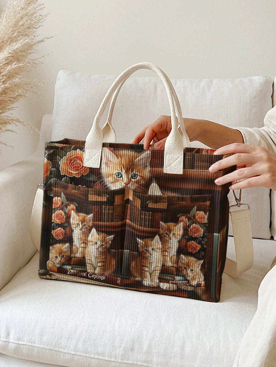 Sac à bandoulière en velours côtelé à imprimé rose et chat tabby orange 3D, grande capacité, multi-poches, pour les amoureux des chats