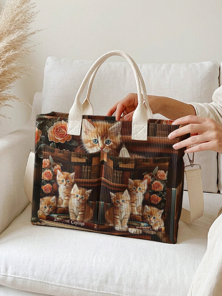 Sac à bandoulière en velours côtelé à imprimé rose et chat tabby orange 3D, grande capacité, multi-poches, pour les amoureux des chats