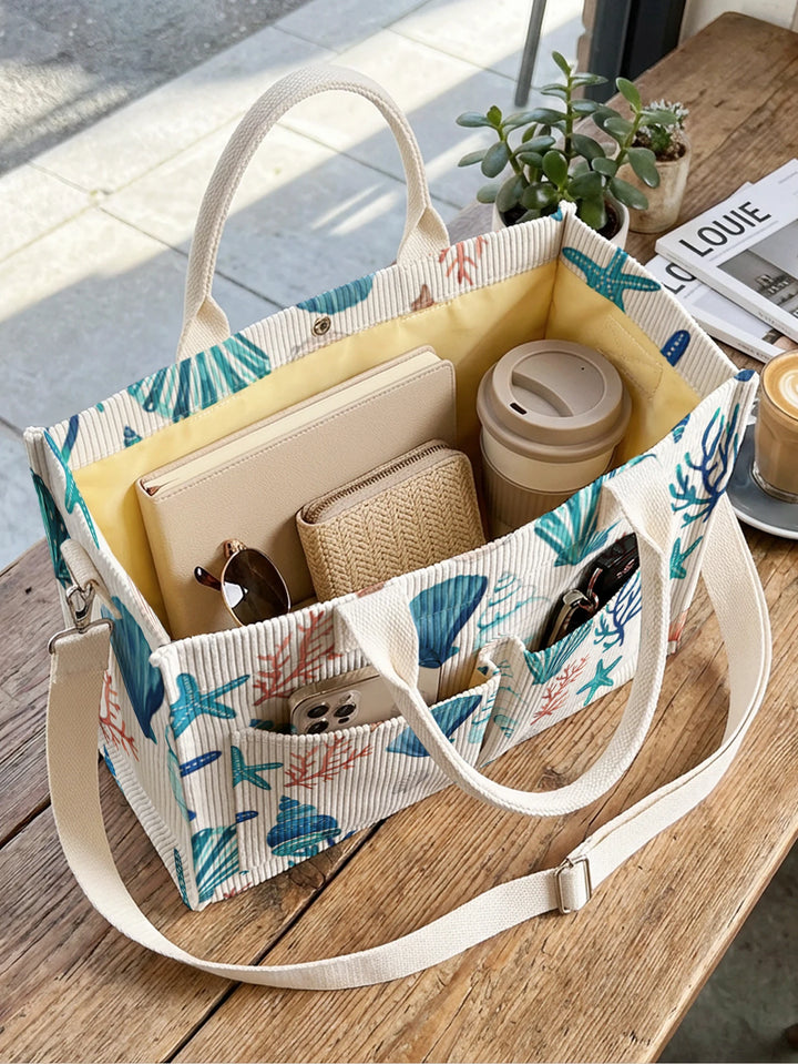 Sac fourre-tout en velours côtelé imprimé de la vie marine de l'océan Aquarelle Grande capacité Multi Poche Amoureux de la Plage Commutateur Sac à bandoulière