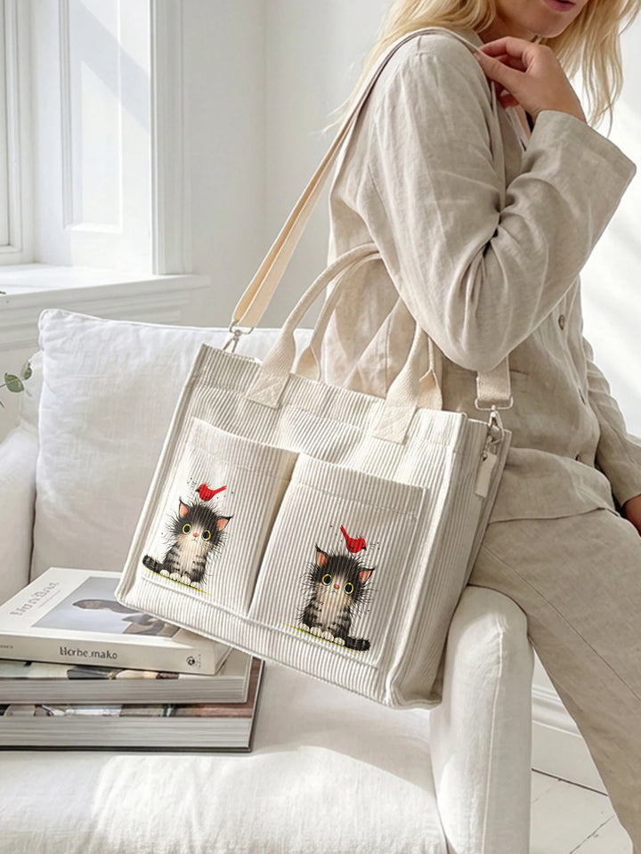 Sac en velours côtelé mignon avec impression d'un adorable chaton et d'un oiseau rouge, grande capacité, plusieurs poches, sac à bandoulière pour les amoureux des chats