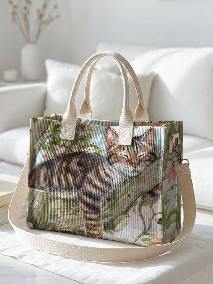 Sac fourre-tout en velours côtelé avec imprimé chat tigré et floral Grande capacité Sac à plusieurs poches pour les amateurs de chats Sac à bandoulière de commutation