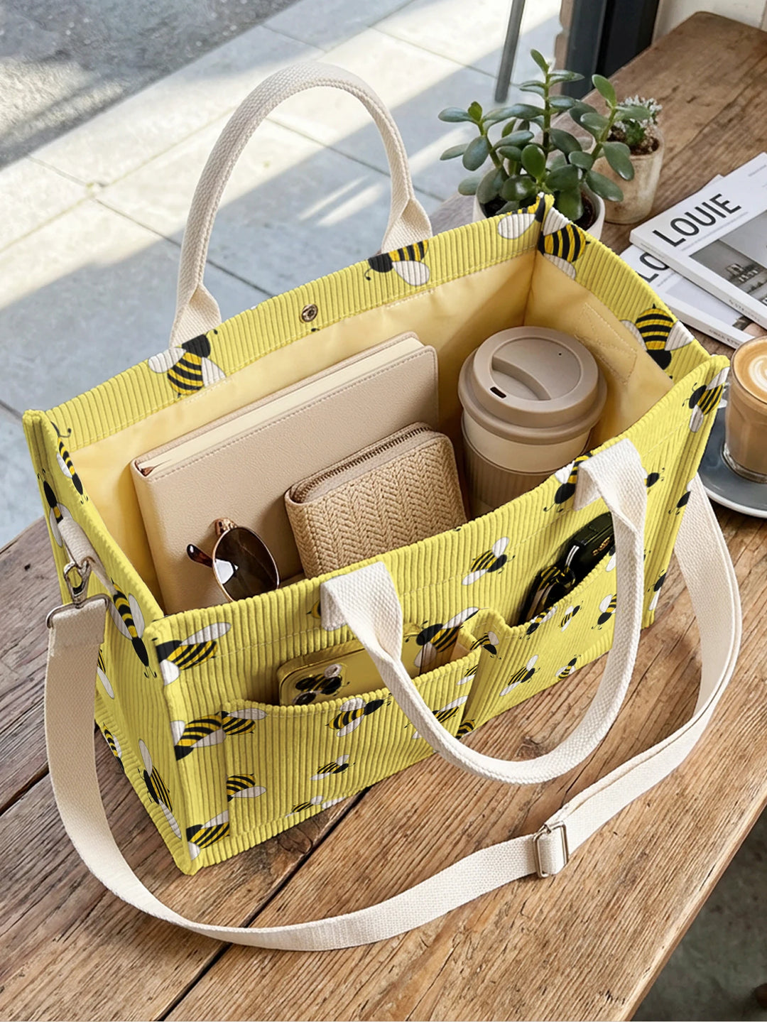 Sac en velours côtelé avec impression de bourdon, grande capacité, plusieurs poches, sac à bandoulière pour les amoureux des abeilles