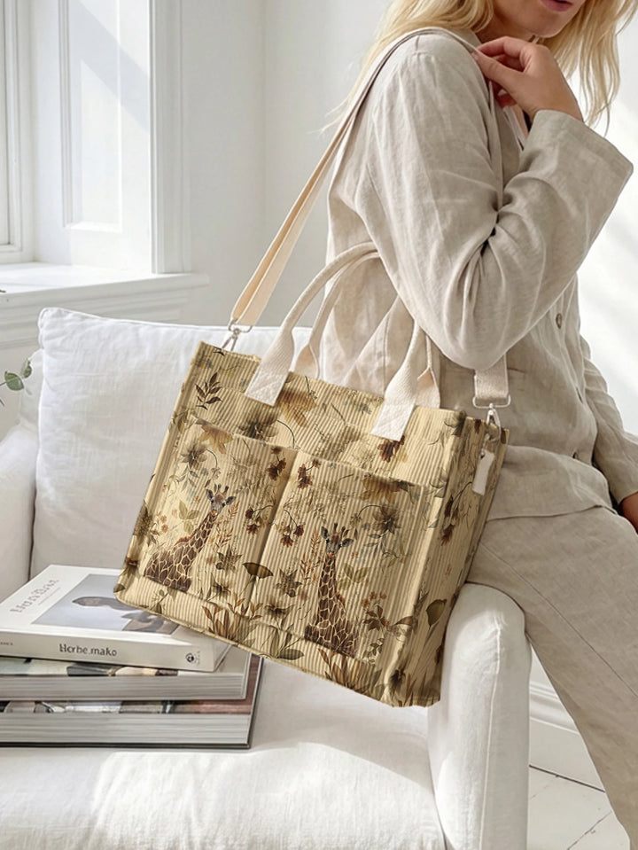 Sac en velours côtelé avec imprimé vintage de girafes et de fleurs botaniques, grande capacité et plusieurs poches pour les trajets domicile-travail