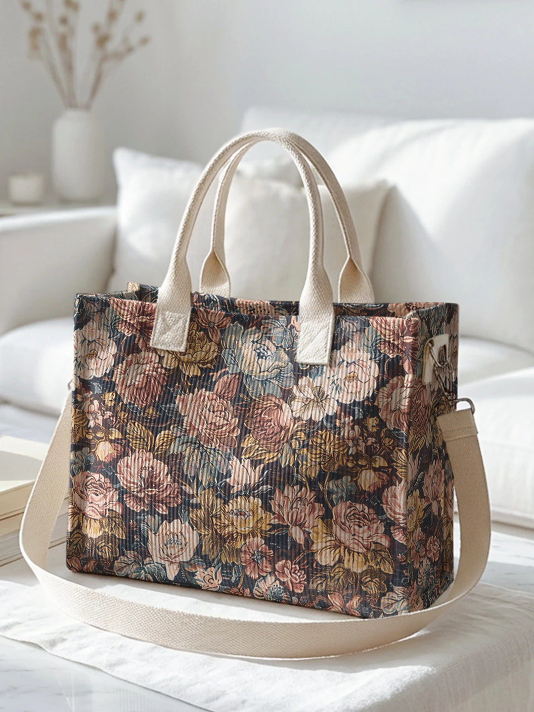Sac en velours côtelé vintage avec imprimé floral, grande capacité, sac à bandoulière avec plusieurs poches