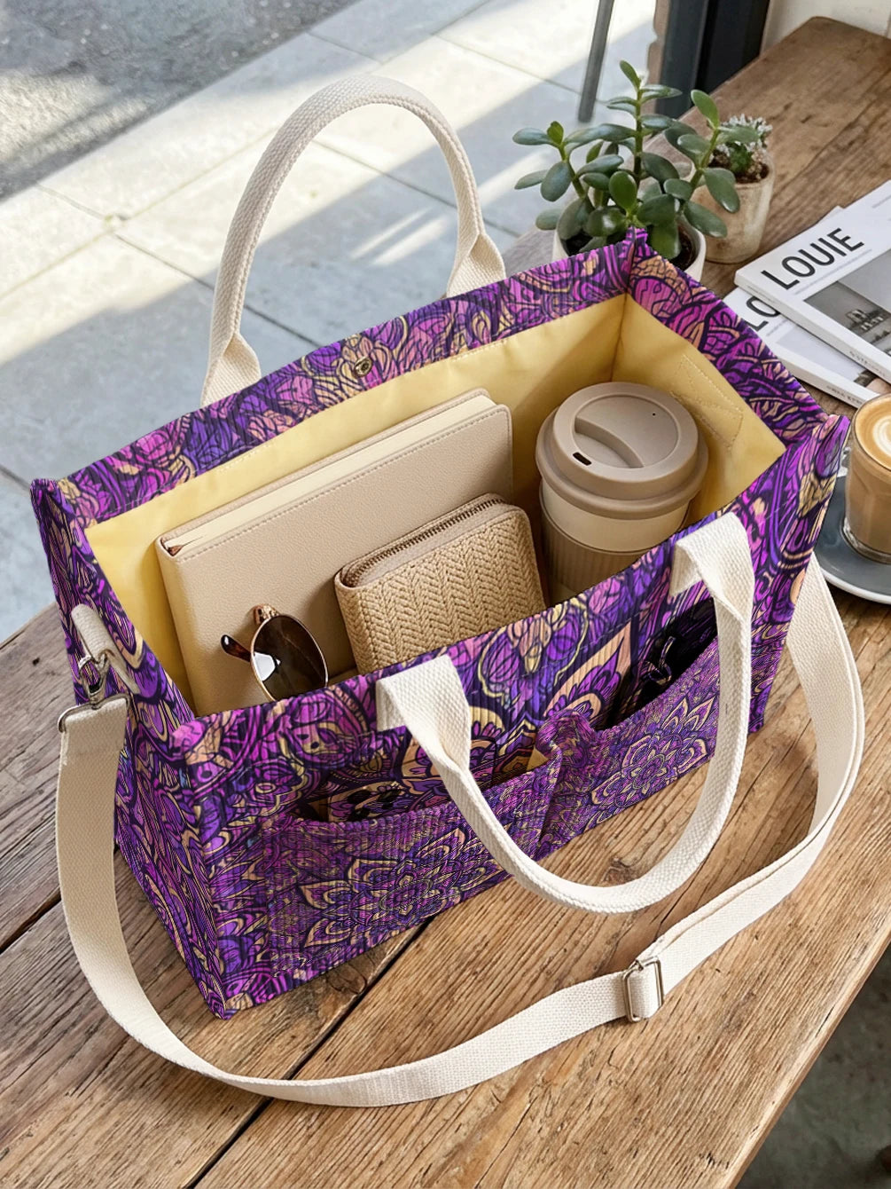 Sac à dos en velours côtelé avec imprimé mandala violet, grande capacité et plusieurs poches, sac à bandoulière pour les trajets domicile-travail