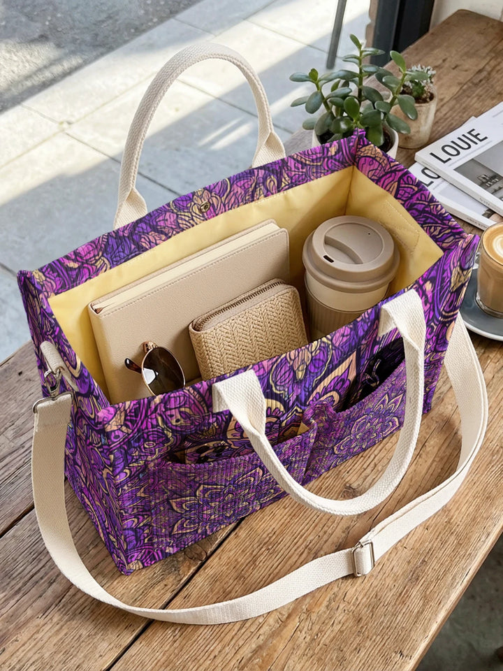 Sac à dos en velours côtelé avec imprimé mandala violet, grande capacité et plusieurs poches, sac à bandoulière pour les trajets domicile-travail