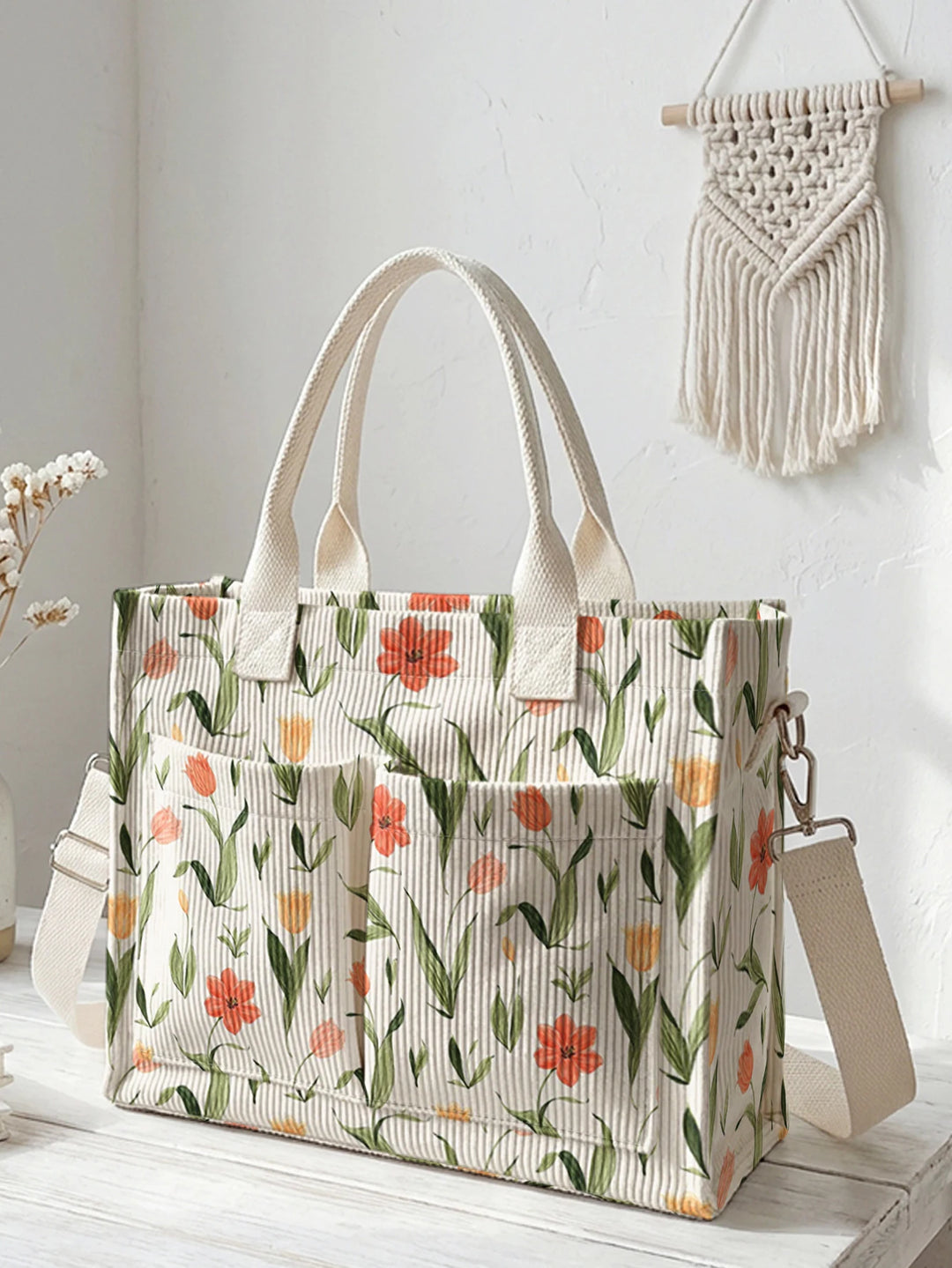 Sac à main en velours côtelé imprimé de fleurs de tulipes Grande capacité sac à bandoulière avec plusieurs poches