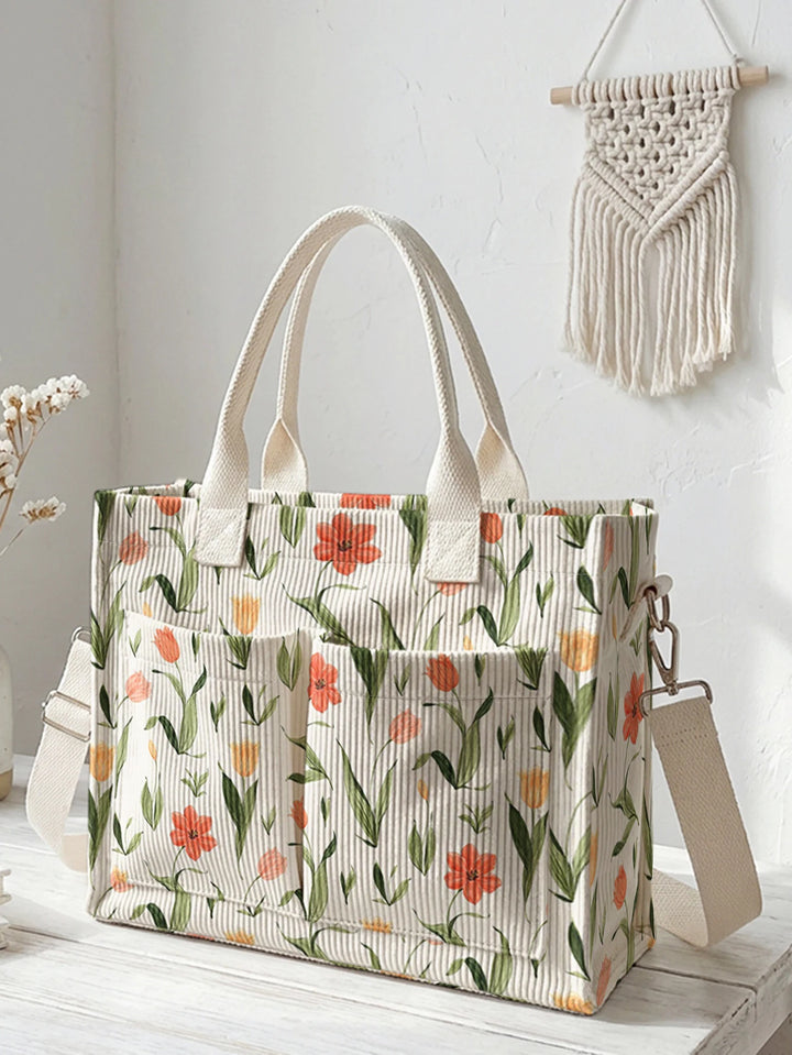 Sac à main en velours côtelé imprimé de fleurs de tulipes Grande capacité sac à bandoulière avec plusieurs poches