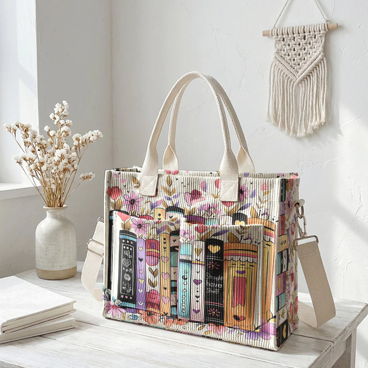 Sac à bandoulière en velours côtelé avec impression de livres et de fleurs, grande capacité, sac à main avec plusieurs poches