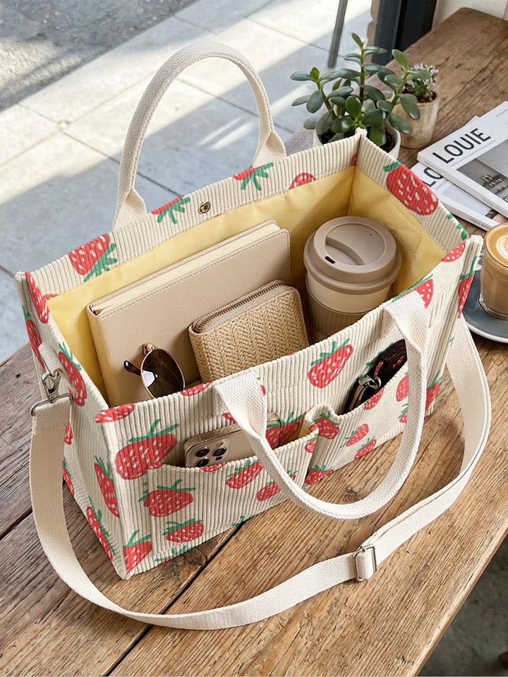 Sac en velours côtelé amusant avec imprimé fraises, grande capacité, plusieurs poches, pour les amateurs de fruits, sac à bandoulière pour le travail et les loisirs