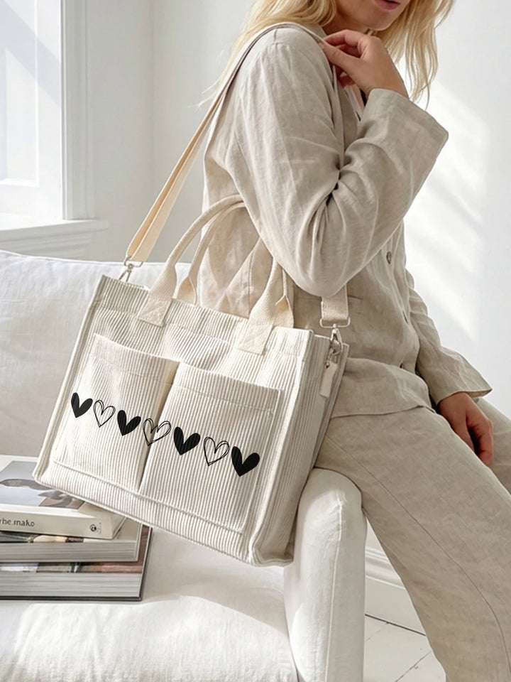 Sac en velours côtelé beige avec imprimé cœur noir, grande capacité, sac à bandoulière avec plusieurs poches