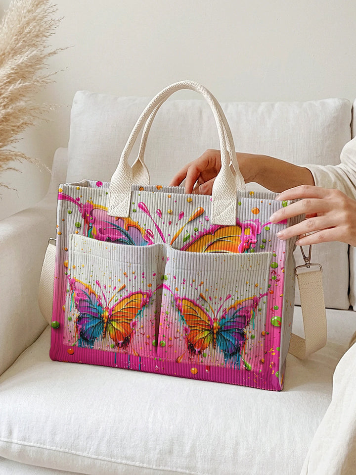 Sac à main en velours côtelé coloré avec imprimé papillon, grande capacité, sac à bandoulière avec plusieurs poches