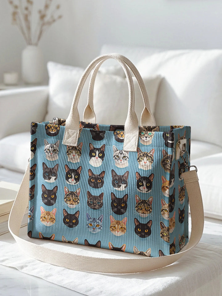 Sac à bandoulière en velours côtelé avec imprimé visages de chats bleus, grande capacité et plusieurs poches, sac de transport pour amoureux des chats