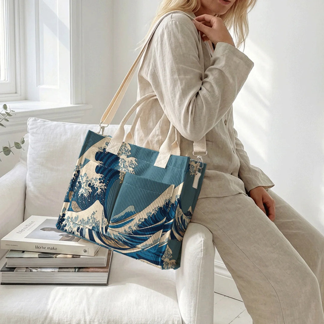Sac en velours côtelé Ukiyo-e avec impression de vagues, grande capacité, plusieurs poches, sac bandoulière amovible
