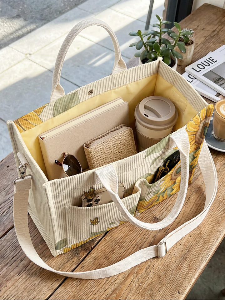 Sac en velours côtelé vintage avec impression de tournesol et de papillon, grande capacité, sac à bandoulière avec plusieurs poches