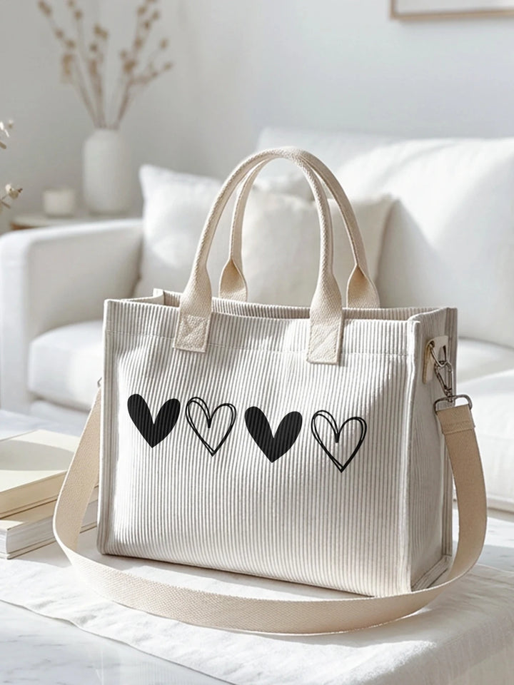 Sac en velours côtelé beige avec imprimé cœur noir, grande capacité, sac à bandoulière avec plusieurs poches