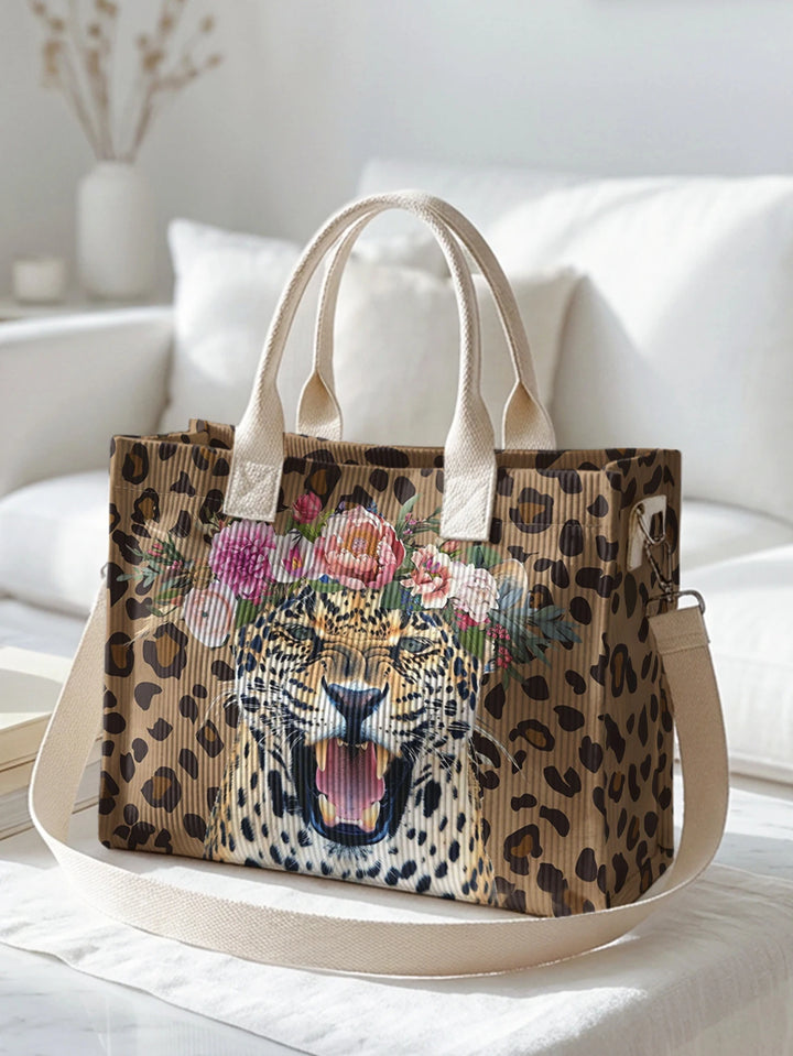 Sac en velours côtelé avec imprimé léopard fleuri, grande capacité, sac à bandoulière avec plusieurs poches