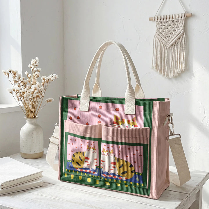 Sac fourre-tout en velours côtelé avec impression d'art populaire vintage - Grande capacité - Sac à plusieurs poches pour amoureux des chats - Sac à bandoulière pour le trajet